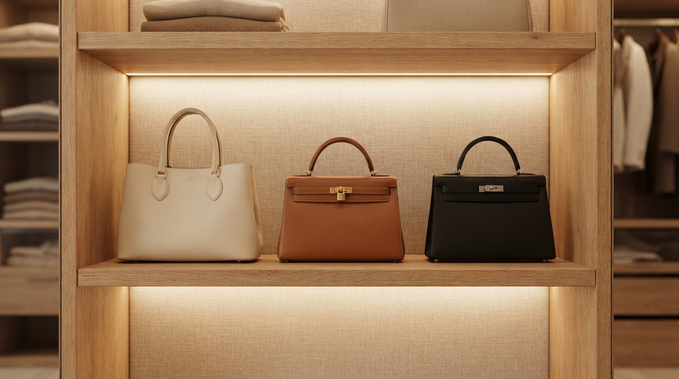 Cream Pebbled Leather Minimalist Tote & Monochromatic Tailored Suit